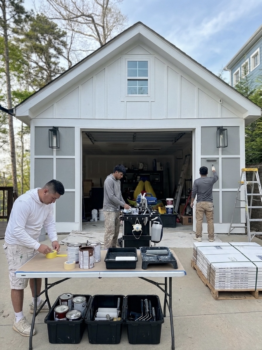 AL&N Painting team prepping materials and painting on a residential job site